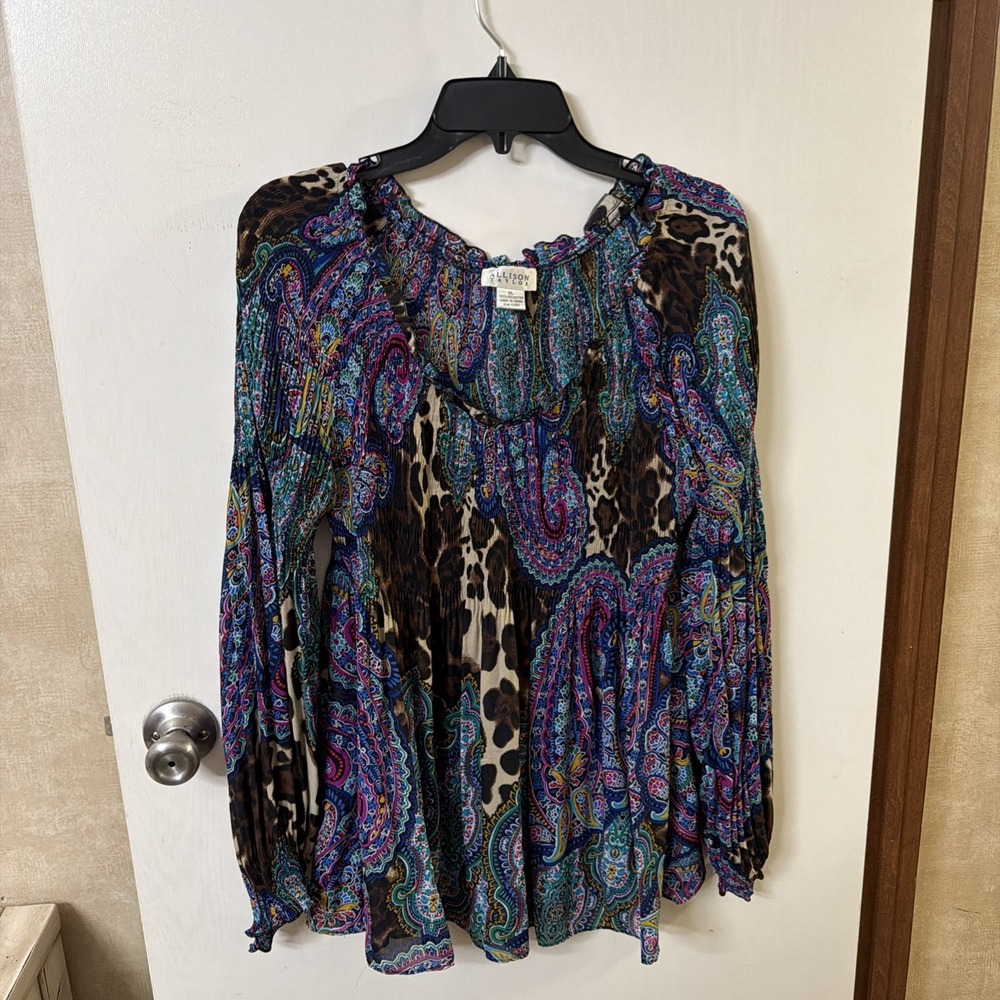 Allison Taylor XL Paisley Leopard Print Smocked Peplum Top Long Sleeve Blouse